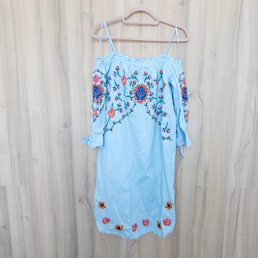 Philosophy Linen Embroidered Floral Dress Small Blue Cold Shoulder Boho Cottage - Picture 2 of 9